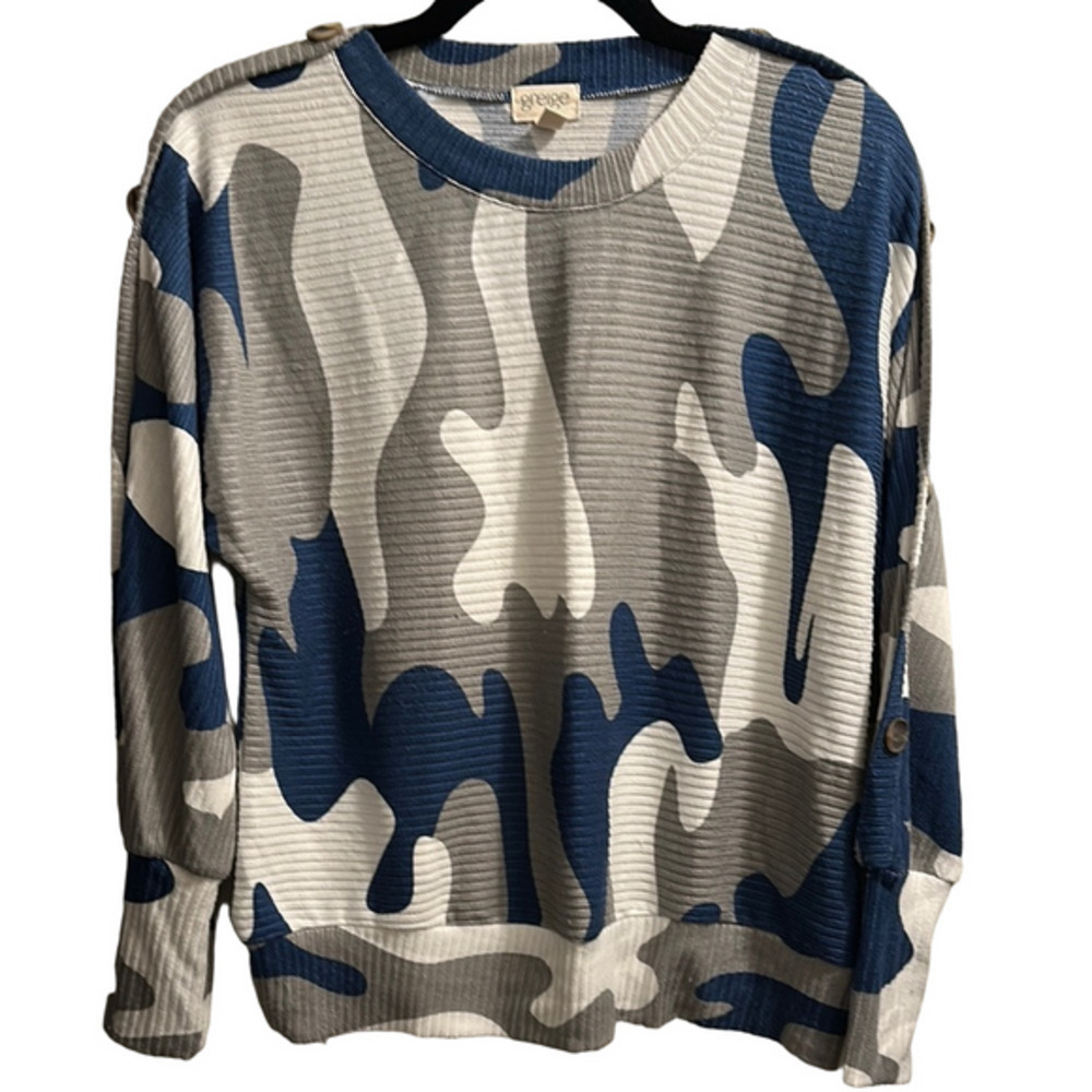 Blue and Gray Crewneck Sweater with Abstract Camouflage Design
